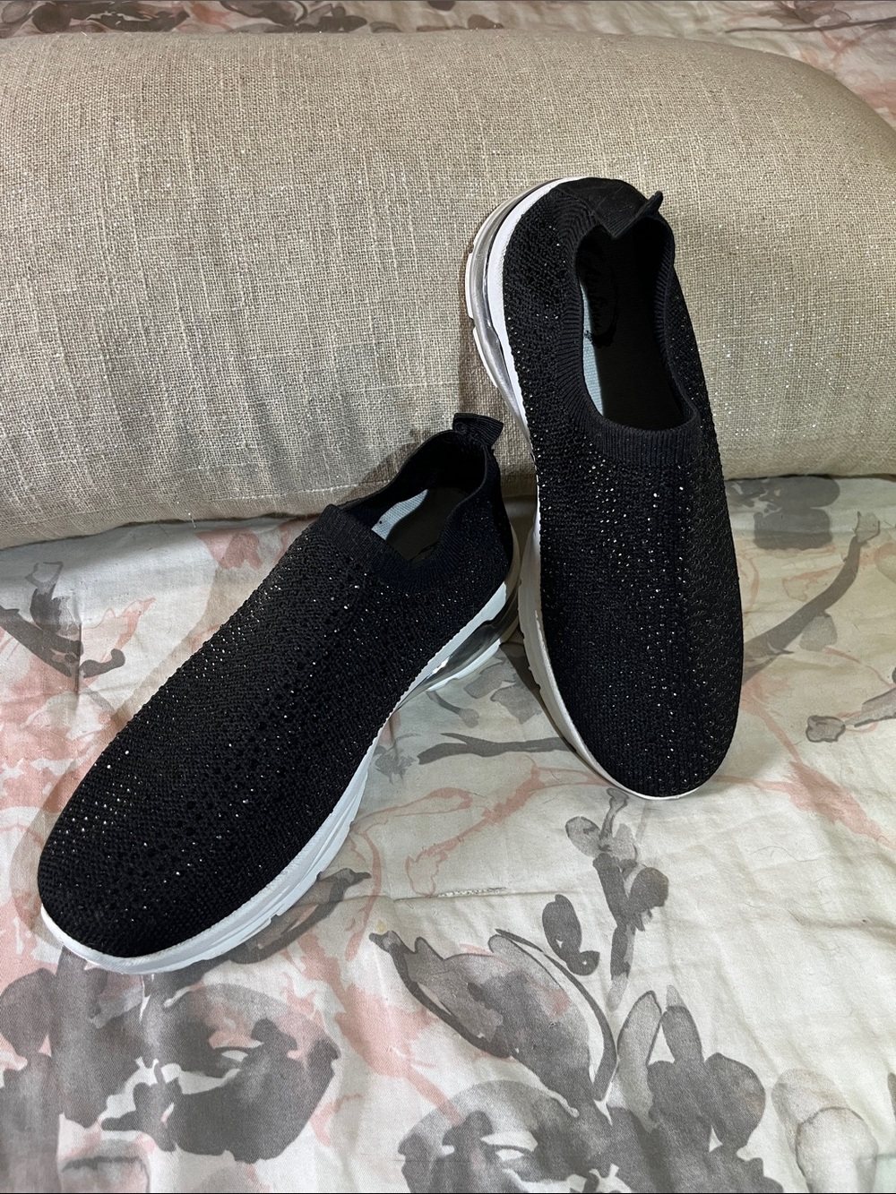 Black Slip-On Knit Sneakers with Sparkle